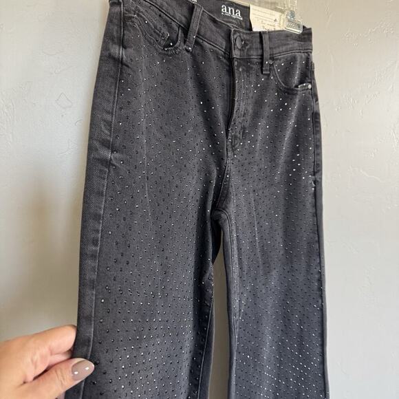 NWT a.n.a. Embellished High Rise Wide Leg Jeans Woman Sz 2 Black Onyx Rhinestone - Picture 4 of 8